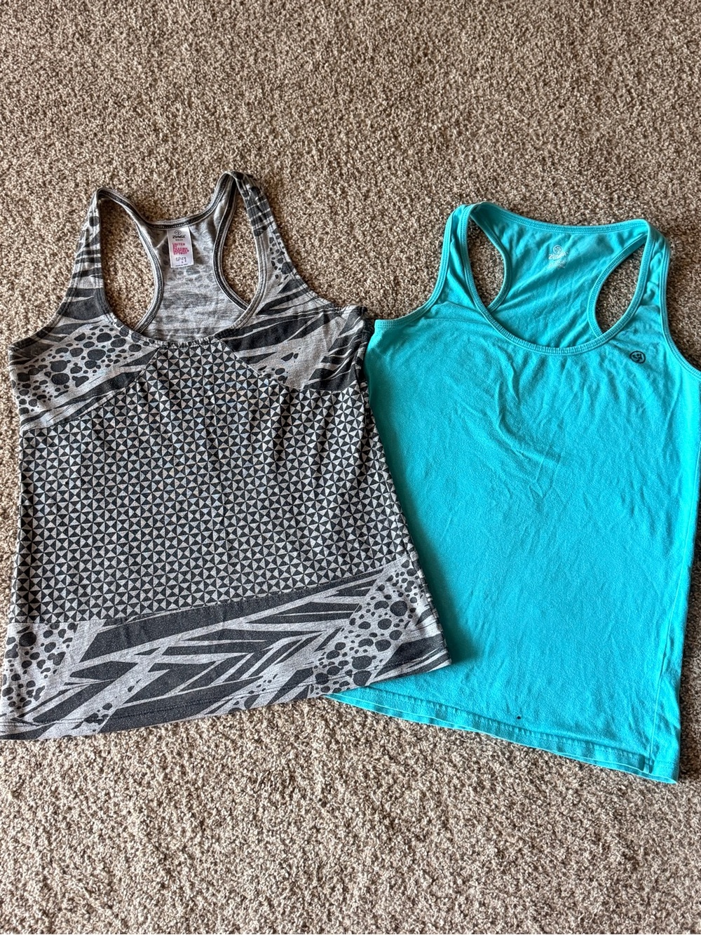 Set of 2-Zumba Fitness Teal Racerback Tank & Black-Gray Patterned Tank Duo